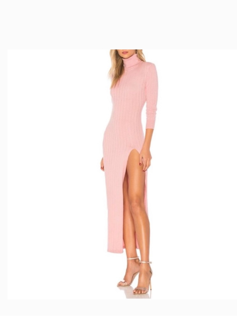 MAJORELLE Blush Pink Ribbed High-Slit Turtleneck Maxi Dress